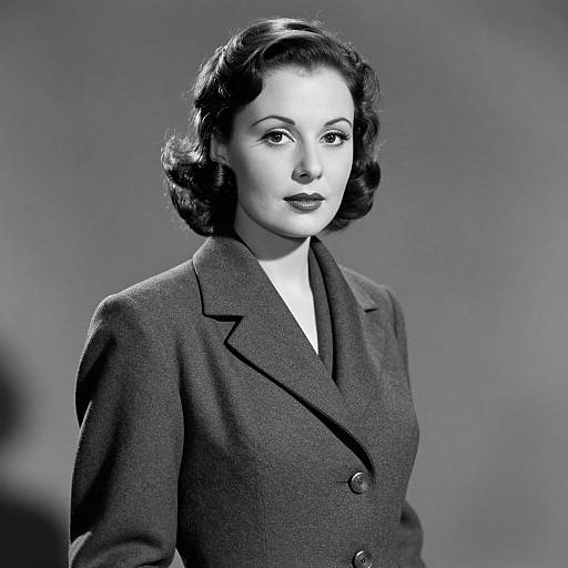 Black-and-white photograph of a 1940s-style woman with short, wavy dark hair, wearing a tailored double-breasted blazer, looking