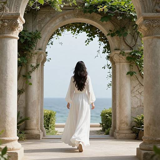 Photograph of a woman with long black hair in a flowing white dress walking through a sunlit, vine-covered stone archway to a serene ocean view