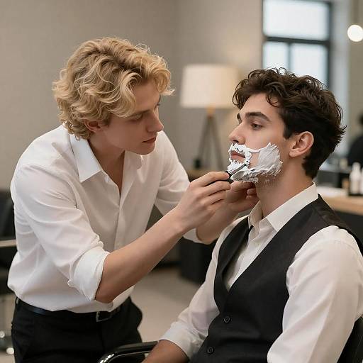 Barber Shaving Seated Man by Window