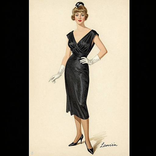 Digital drawing of a vintage-style woman in a black, sleeveless, V-neck dress, white gloves, and black high heels, with a small black