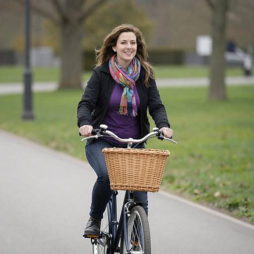 Smiling Woman Pushing Bicycle in Park