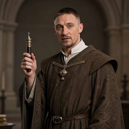 Photograph of a middle-aged man with short brown hair, blue eyes, and light beard, wearing a brown, ornate medieval robe, holding a