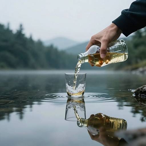 Photograph of a hand pouring amber whiskey into a glass on a still lake, with ripples and reflection, surrounded by forested mountains.