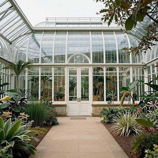 Photograph of a bright, glass-domed greenhouse with a white-framed entrance, surrounded by lush, diverse tropical plants on a tiled pathway.