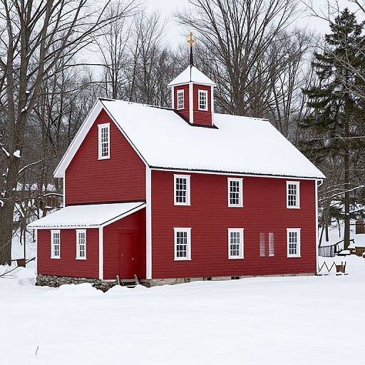 Photograph of a red, two-story farmhouse with a white-trimmed roof and windows, surrounded by snow-covered ground and leafless trees.