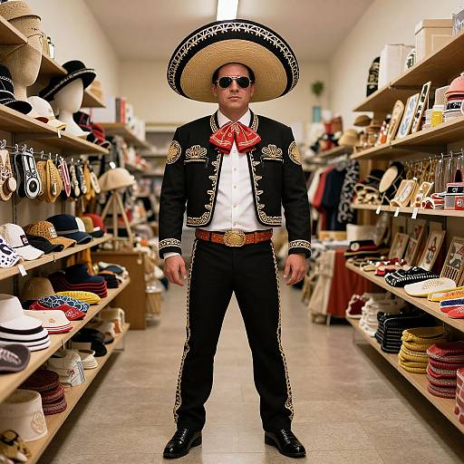 Photograph of a man in a traditional Mexican charro suit, wide-brimmed hat, sunglasses, red bowtie, standing in a hat shop