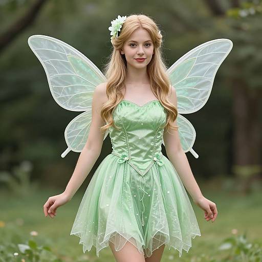 Photograph of a blonde fairy with translucent wings, wearing a green satin dress and flower hairpiece, standing in a lush forest.
