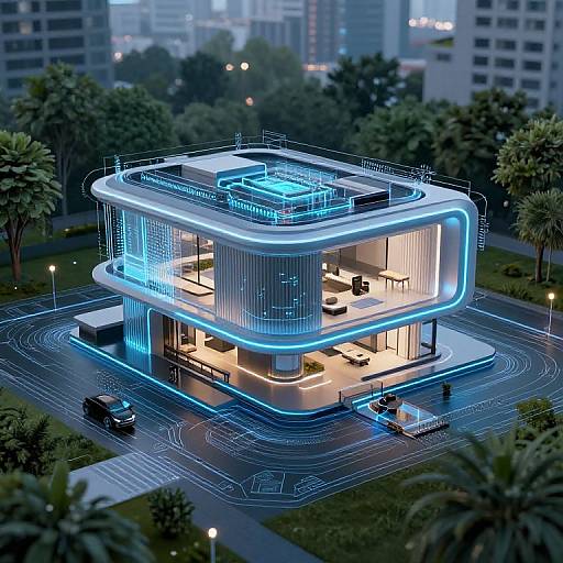 Digital CGI of a futuristic, glowing blue, two-story building with neon outlines, modern interior, surrounded by trees and cityscape at night.