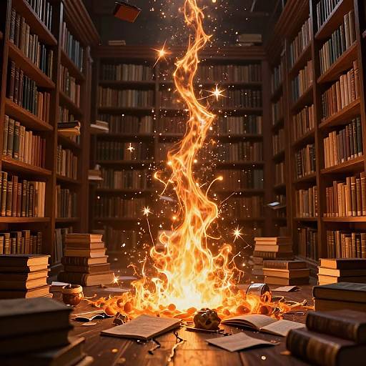 Photograph of a burning fire in a library, surrounded by stacked books, with bright flames and sparks illuminating the dark wooden shelves filled with books in
