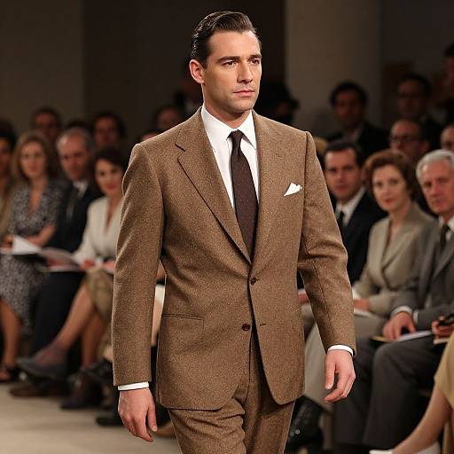 Photograph of a handsome man with short dark hair, wearing a brown tweed suit, white shirt, and black tie, walking down a fashion runway