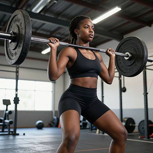 Photograph of a muscular Black woman in black sports bra and shorts, lifting a heavy barbell in a modern gym.