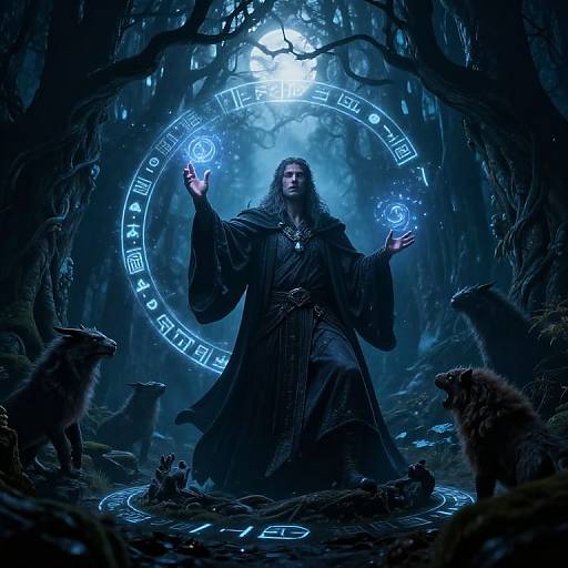 Mystical forest scene: Long-haired wizard in black robe, glowing blue runes, holding magic orbs, surrounded by wolves, under moonlight. Digital