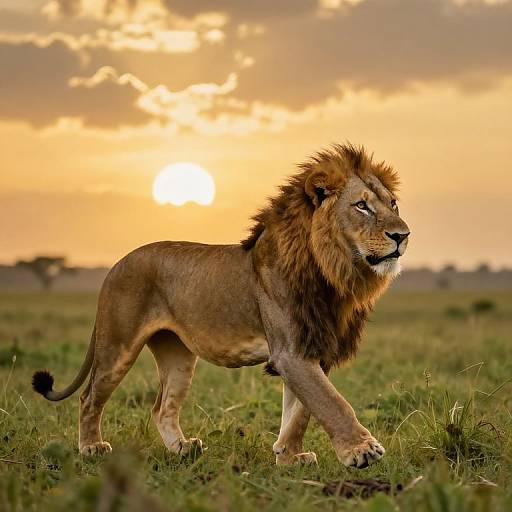 Photograph of a majestic male lion with a thick mane, walking across a grassy savanna at sunset, with a golden sky and scattered clouds in