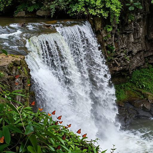 Photograph of a lush waterfall cascading over dark rocky cliffs, surrounded by vibrant green foliage and orange monarch butterflies in the foreground.