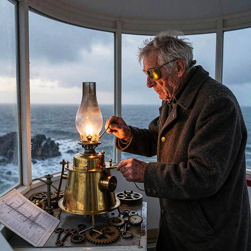 Elderly Lighthouse Clockmaker at Dawn