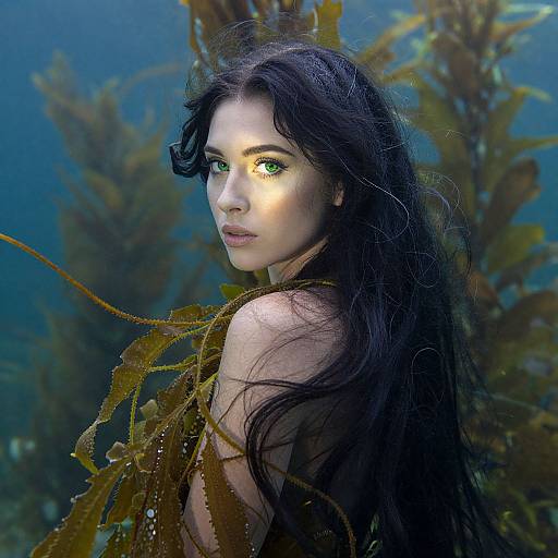 Photograph of a pale-skinned woman with long, wavy black hair and green eyes, surrounded by underwater kelp, gazing intensely at the