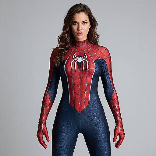 Photograph of a woman with long brown hair, wearing a tight, red and blue Spider-Man suit with a white spider emblem, standing against a plain