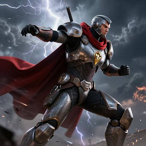 Digital illustration of a muscular, armored warrior with a red cape, golden emblem, and sword, standing heroically against a stormy sky with lightning.