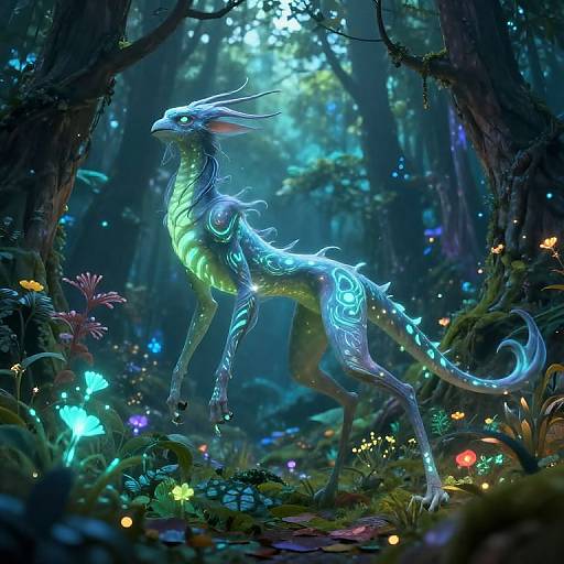 Digital fantasy artwork of a glowing, ethereal dragon with neon blue and green bioluminescent patterns, standing in a magical forest filled with vibrant,