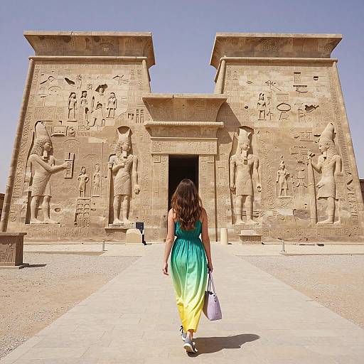 Elegant Woman Strolling Past Ancient Temple