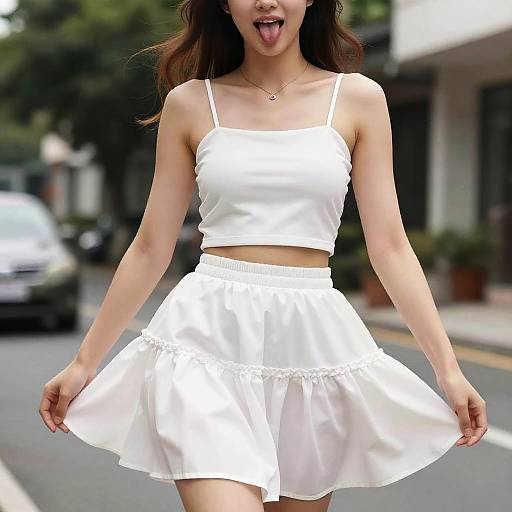 Young woman with long brown hair, wearing a white spaghetti-strap crop top and flared skirt, playfully sticking out her tongue on a sunny street