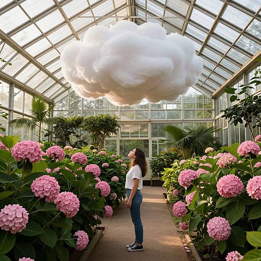 Photograph of a young woman with long brown hair, wearing a white t-shirt and blue jeans, standing in a greenhouse with pink hydrangeas and