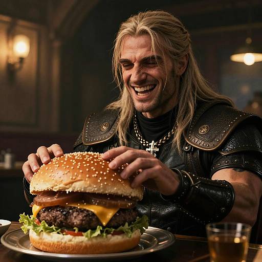 Geralt Joyfully Serves a Giant Burger