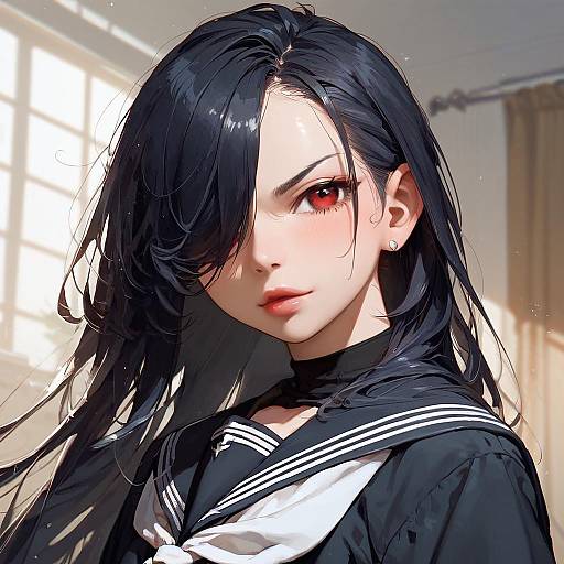 Serious Schoolgirl in Black Serafuku