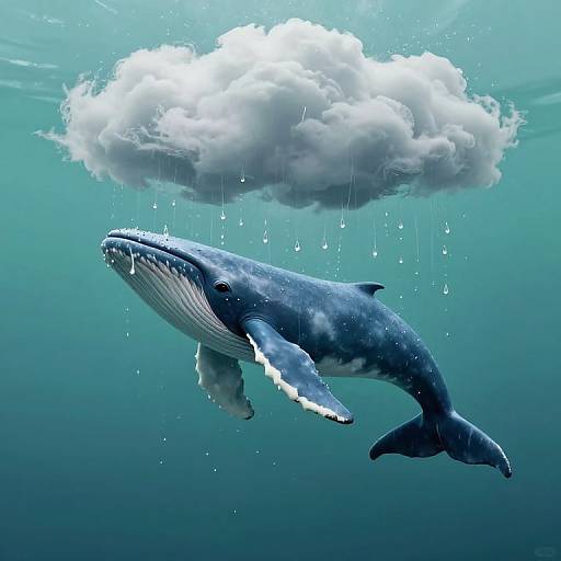 Photograph of a massive blue whale swimming beneath a solitary, water-dripping cloud in a turquoise underwater scene.