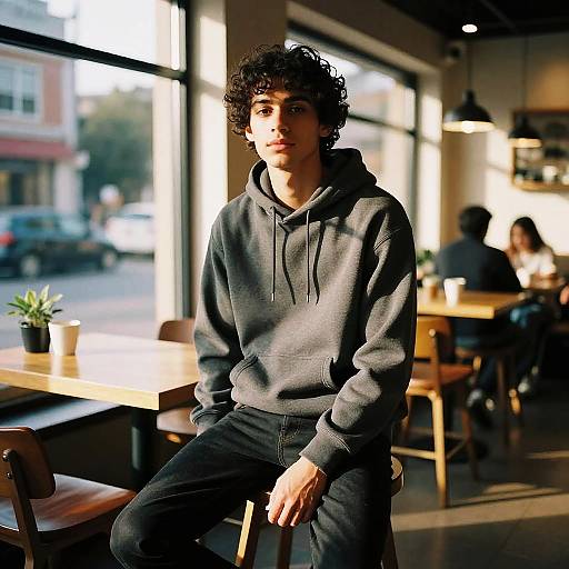Photograph of a young man with curly black hair, wearing a gray hoodie and black pants, sitting in a sunlit café. Background includes blurred patrons