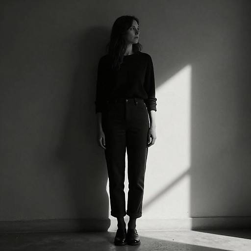 Black-and-white photograph of a woman with long hair, wearing a dark long-sleeve top and pants, standing in a shadowed room with a