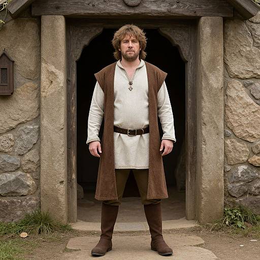 Photograph of a bearded man with tousled brown hair, wearing a white tunic, brown vest, and boots, standing in front of a