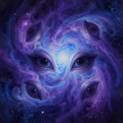 Digital artwork of a swirling cosmic vortex with glowing blue and purple hues, featuring four large, mysterious eyes at its center, set against a starry galaxy
