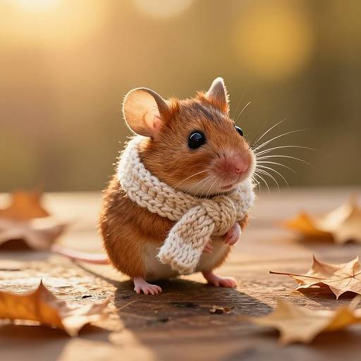 Photograph of a cute, brown, fluffy hamster wearing a white, knitted scarf, standing on a sunlit, autumnal wooden surface with
