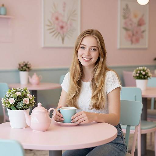 Photograph of a smiling young woman with long blonde hair, wearing a white crop top and jeans, sitting at a pastel pink table in a floral