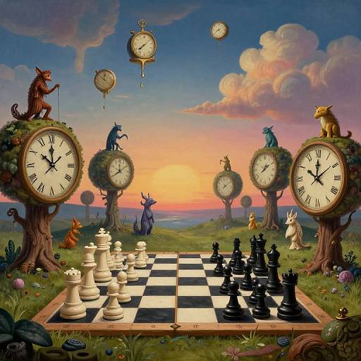 Fantastical digital artwork: whimsical clock trees with animal toppers surround a chessboard at sunset, floating clocks in a vibrant, surreal landscape.