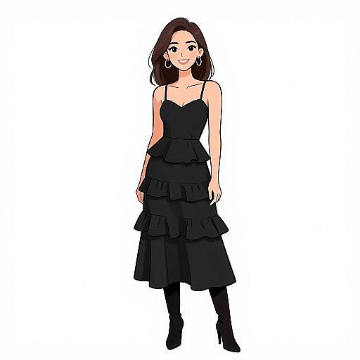 Digital drawing of a smiling woman with medium-length brown hair, wearing a black, layered, sleeveless dress and black boots, standing against a white background