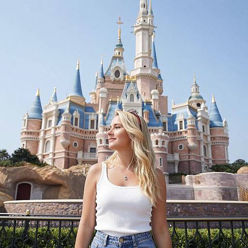 Photograph of a blonde woman in a white tank top and blue jeans standing in front of a colorful Disney castle on a sunny day.