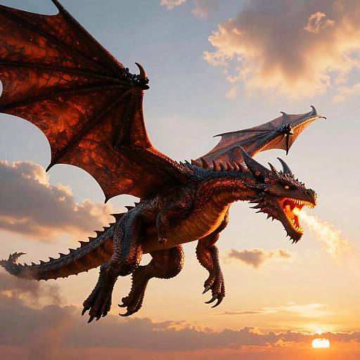 Photograph of a fierce, dark red dragon with large wings soaring against a vibrant sunset sky, filled with orange and pink clouds.