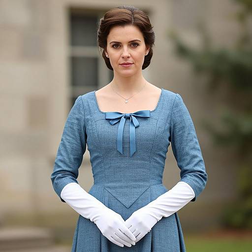 Photograph of a fair-skinned woman with dark brown hair in an elegant blue, long-sleeved dress with white gloves and blue ribbon, standing