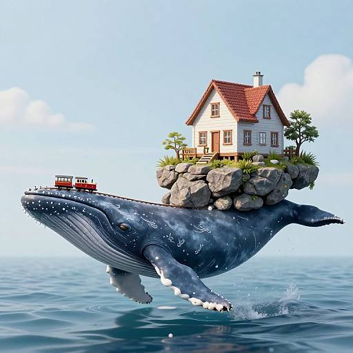 Digital illustration of a small white house with red roof on a rocky island, carried by a large whale with a red boat on its back, in clear