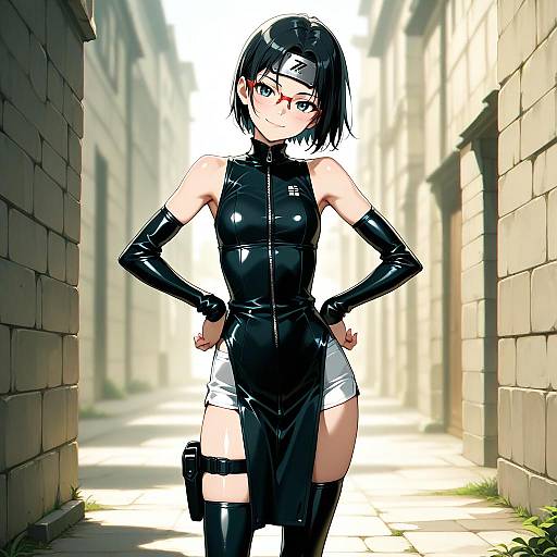 Anime Girl in Black Dress with Forehead Protector