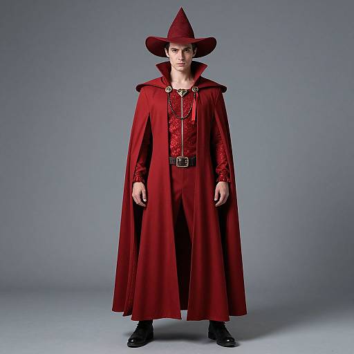 Photograph of a man in a red vampire costume with a tall hat, long cape, decorative necklace, and black boots, standing against a plain gray