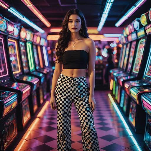 Woman in Checkerboard Pants in Neon Arcade