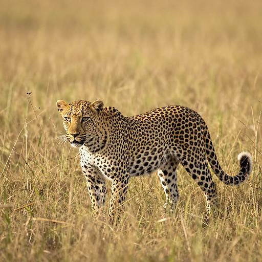 Photograph of a solitary leopard with golden-yellow coat and black spots, standing alert in a sunlit, grassy savanna.