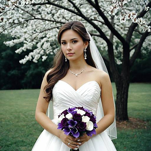 Bride in White Wedding Dress with Purple Bouquet