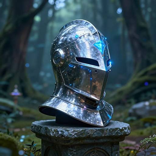 Photorealistic CGI of a shiny, silver medieval knight helmet with blue glowing accents, displayed on a moss-covered stone pedestal in a dense, dimly
