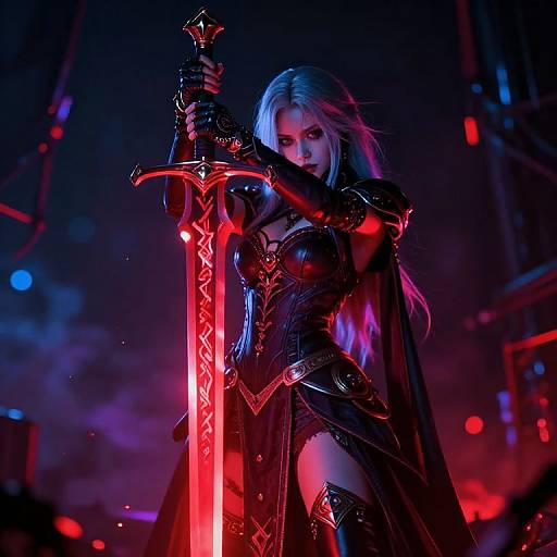 Digital artwork of a fierce, blue-haired warrior woman in black, glowing-red armor, holding a vivid, red, ornate sword, illuminated by neon