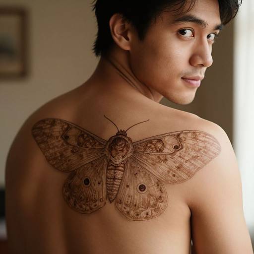 Photograph of an Asian man with short black hair, shirtless, showcasing a detailed brown ink moth tattoo on his back. He gazes over his