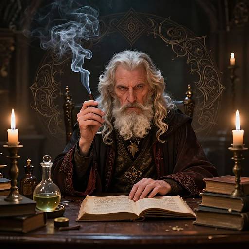 Photograph of an elderly wizard with long white hair and beard, smoking a pipe, surrounded by candles, books, and a glass flask, in a